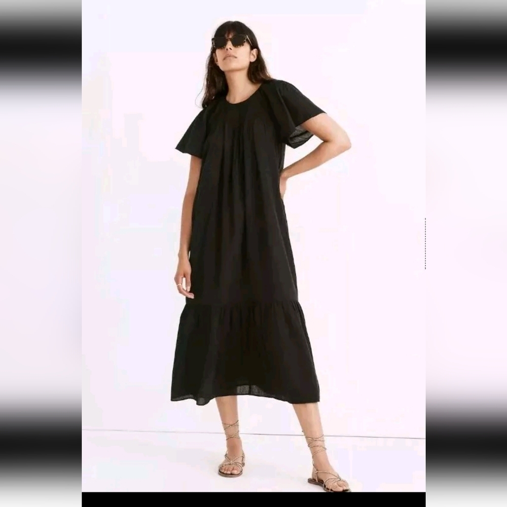 Madewell Womens Black Embroidered Smocked Midi Dress S